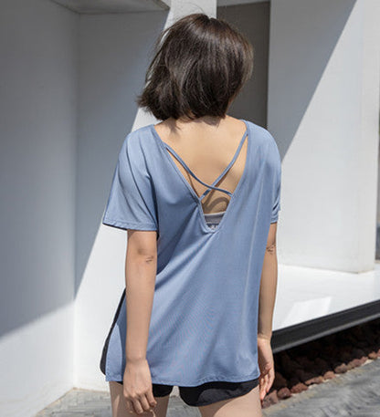 Women Hollow Back Yoga Shirts Short Sleeve Top Sports T-Shirts Ooho
