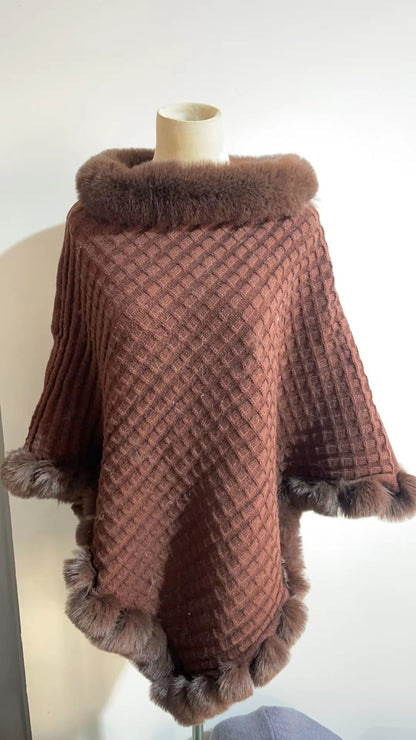 "Luxury Rex Rabbit Fur Collar Shawl Cape – Elegant Winter Wrap for Women | Graceful Cloak for Parties & Weddings