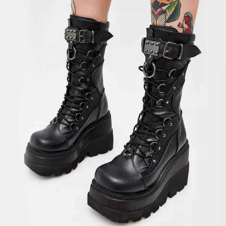 Lace-Up Combat Boot Motorcycle Black Bucke Chunky Boots For Women Winter Shoes Ooho