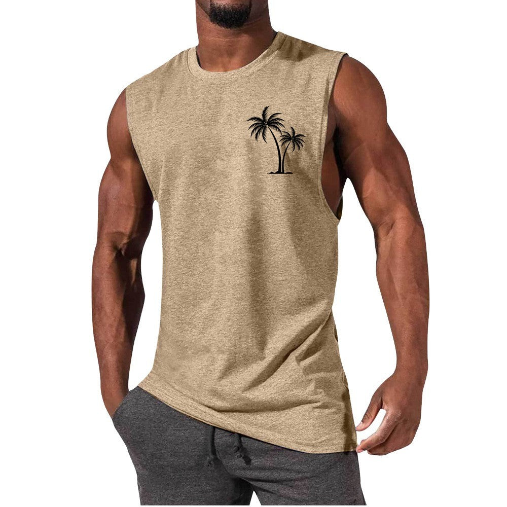 Coconut Tree Embroidery Vest Summer Beach Tank Tops Workout Muscle Men Sports Fitness T-shirt Ooho