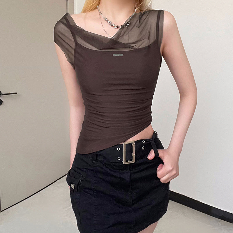 Mesh Spliced Irregular Strap Tank Top For Women Ooho