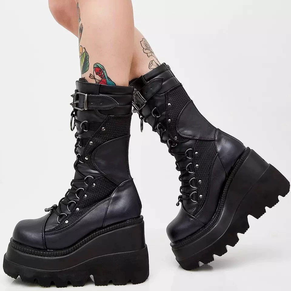 Lace-Up Combat Boot Motorcycle Black Bucke Chunky Boots For Women Winter Shoes Ooho