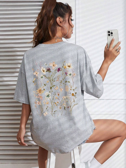 Beautiful Flower Clusters Print Cotton Women T-shirts Casual Ooho