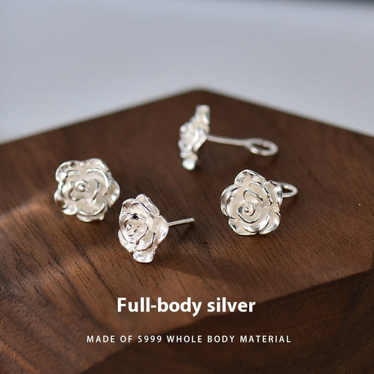 Silver Stud Earrings For Women Camellia Design Earrings Ooho