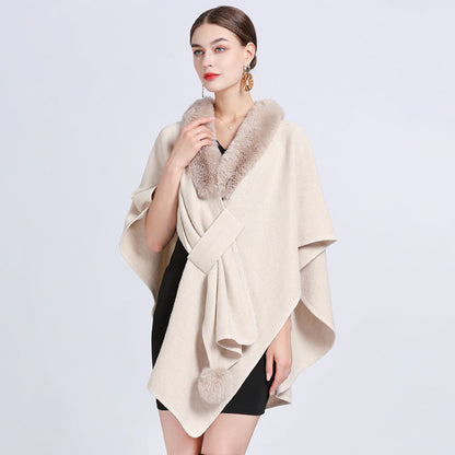 Imitation Rex Rabbit Fur Collar Cape and Shawl for Women – Loose Knitted Cardigan Ooho