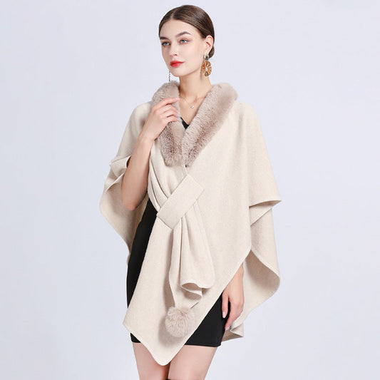 Imitation Rex Rabbit Fur Collar Cape and Shawl for Women – Loose Knitted Cardigan Ooho