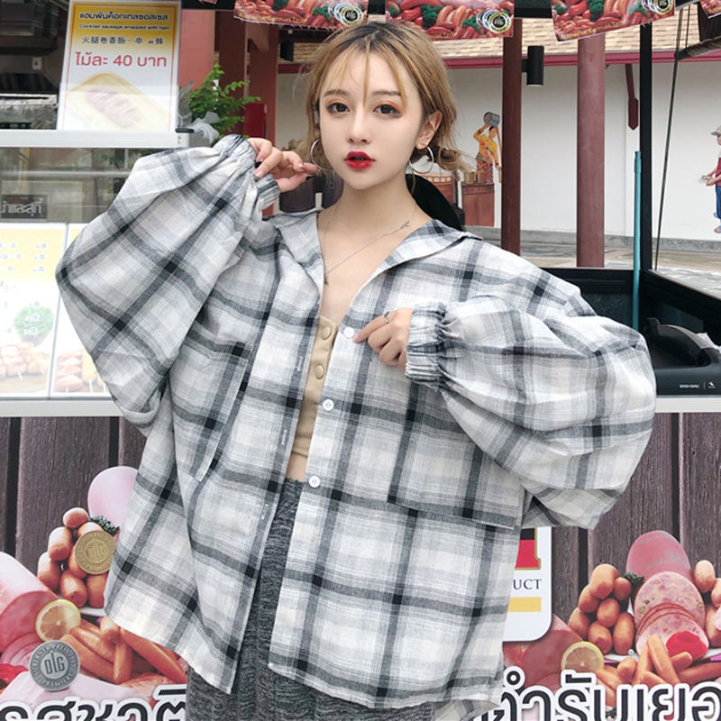 Women Blouses Shirts Plaid Oversize Thin Casual Sun-protect Ooho