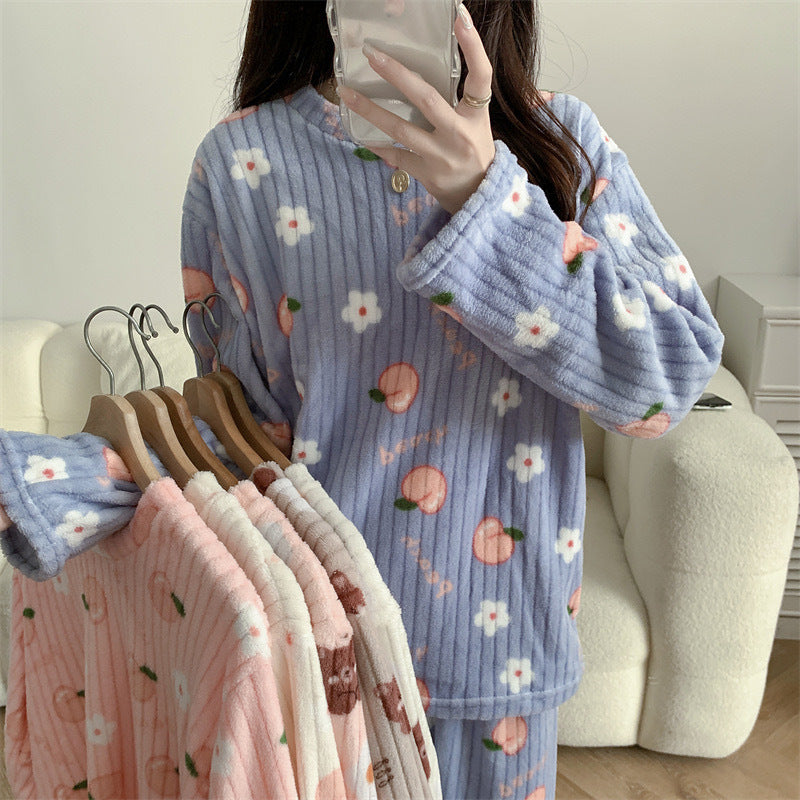 Women's Pajamas Autumn Winter Warm Pyjamas Sets Thick Coral Long Sleeve Cute Cartoon Bear Sleepwear Home Nightclothes Ooho
