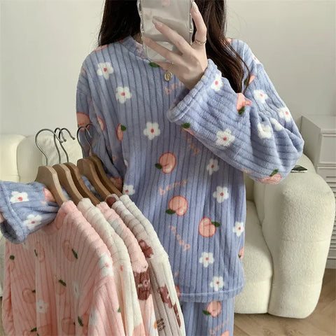 Women's Pajamas Autumn Winter Warm Pyjamas Sets Thick Coral Long Sleeve Cute Cartoon Bear Sleepwear Home Nightclothes Ooho
