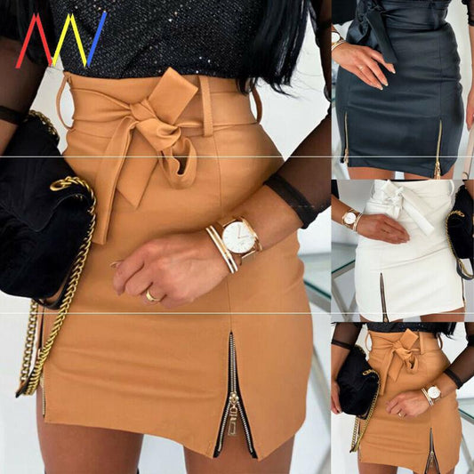 Women’s Bandage PU Leather Mini Skirt | Sexy High Waist Short Skirt for Ladies Ooho