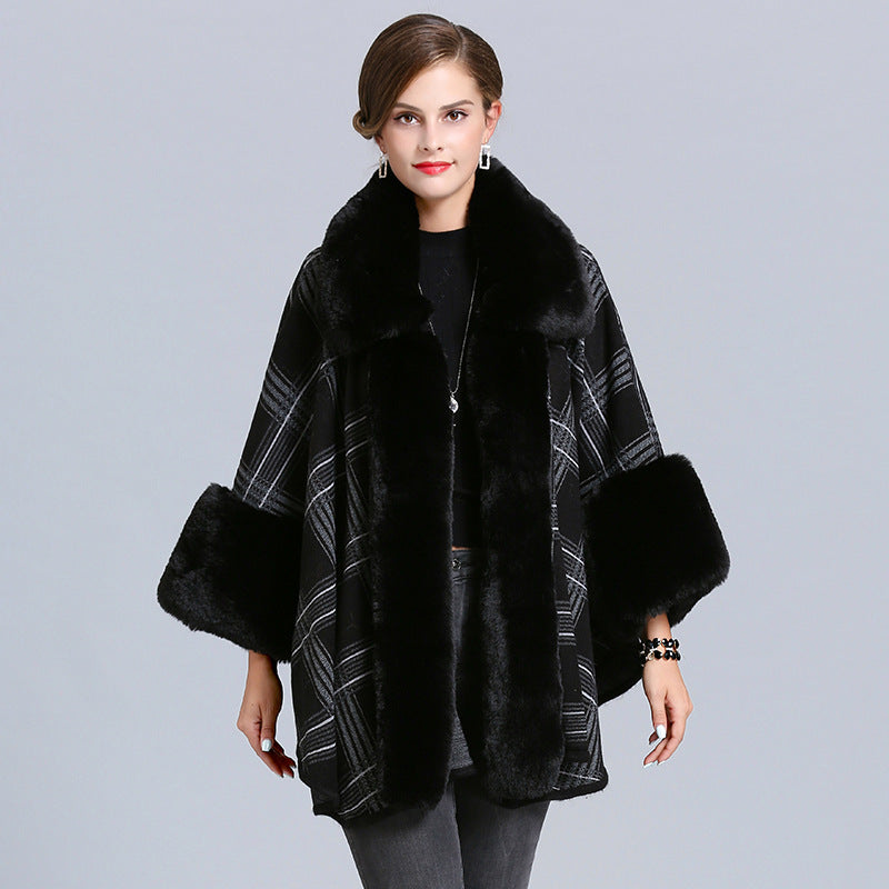 Women's Winter Plaid Poncho – Faux Fox Fur Neck Cape Shawl Wrap Ooho