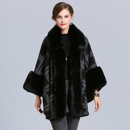 Women's Winter Plaid Poncho – Faux Fox Fur Neck Cape Shawl Wrap Ooho